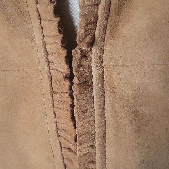 NEW INC Suede P 0 Leather Brown Tan Camel Ruffle Blazer Fitted Boho Jacket Bell - Picture 7 of 16